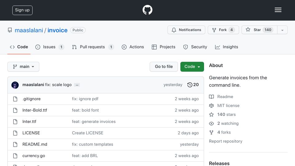 Screenshot of github.com: Generate invoices from the command line