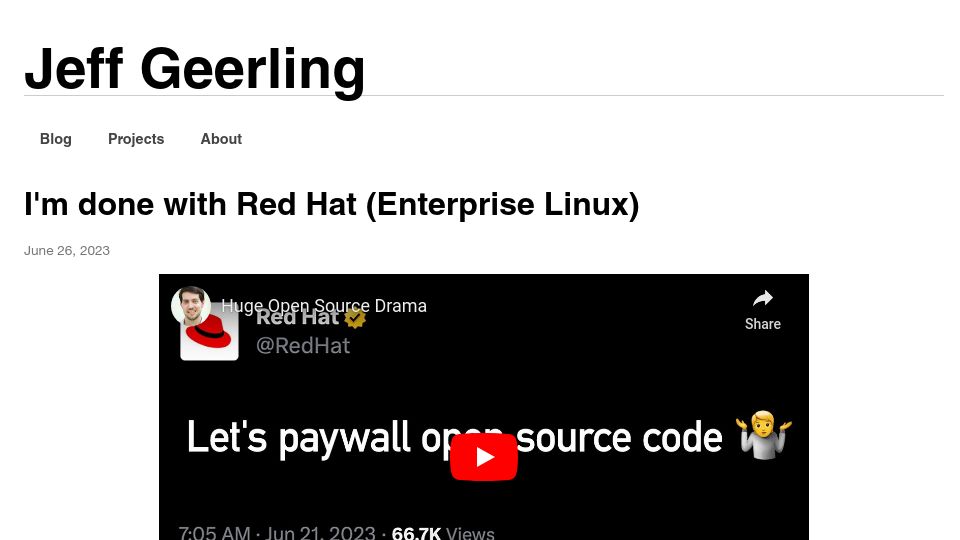 Screenshot of jeffgeerling.com: I'm Done with Red Hat (Enterprise Linux)