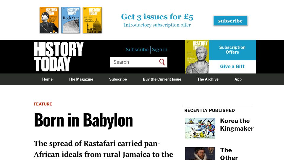 Screenshot of historytoday.com: Born in Babylon: The spread of Rastafari