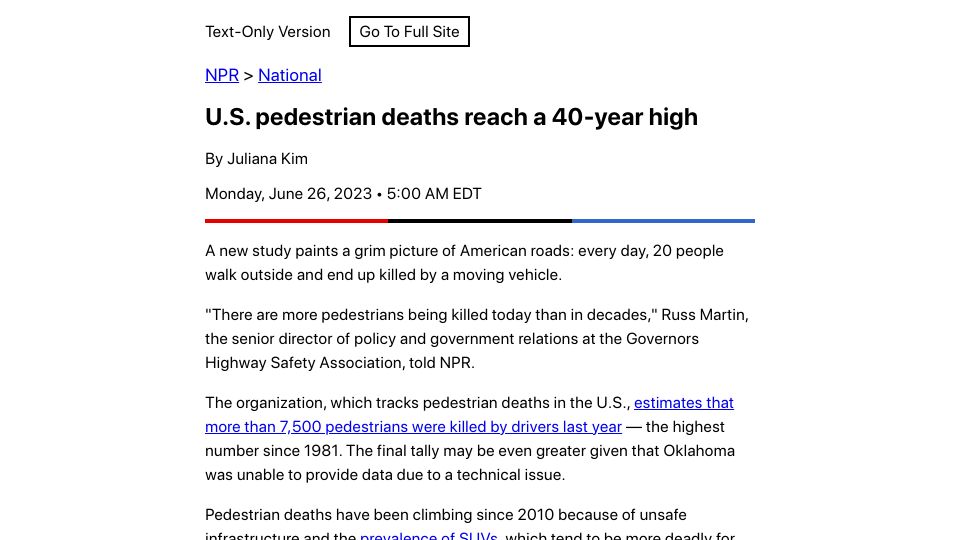 Screenshot of text.npr.org: U.S. pedestrian deaths reach a 40-year high