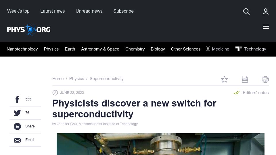 Screenshot of phys.org: Physicists discover a new switch for superconductivity