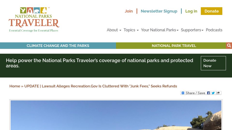 Screenshot of nationalparkstraveler.org: Suit Alleges Recreation.Gov Cluttered with Junk Fees, Seeks Millions in Refunds