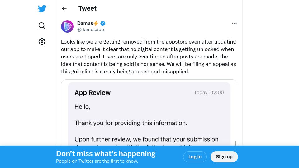 Screenshot of twitter.com: Apple to Remove Nostr Damus from App Store for Bitcoin Tipping Feature