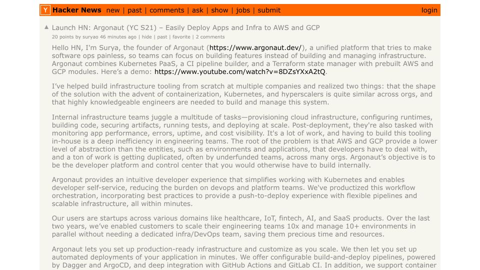 Screenshot of Hacker News post: Launch HN: Argonaut (YC S21) – Easily Deploy Apps and Infra to AWS and GCP