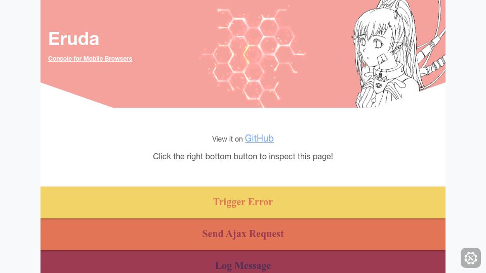 Screenshot of eruda.liriliri.io: Devtools for mobile browsers