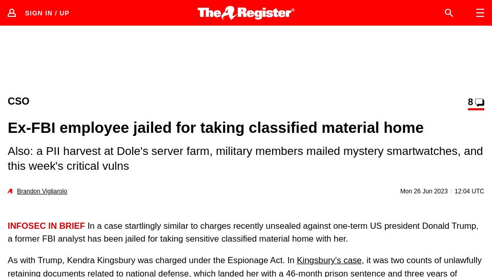 Screenshot of theregister.com: Ex-FBI employee jailed for mishandling classified material