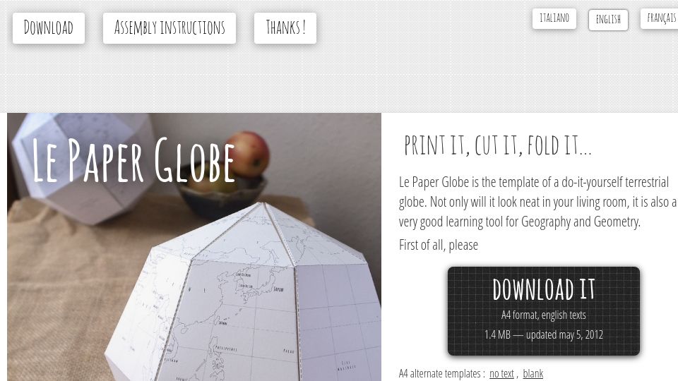 Screenshot of professeurjoachim.com: Le Paper Globe (2012)