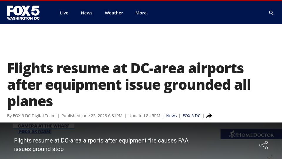 Screenshot of fox5dc.com: FAA issues ground stop for all DC-area airports due to equipment fire