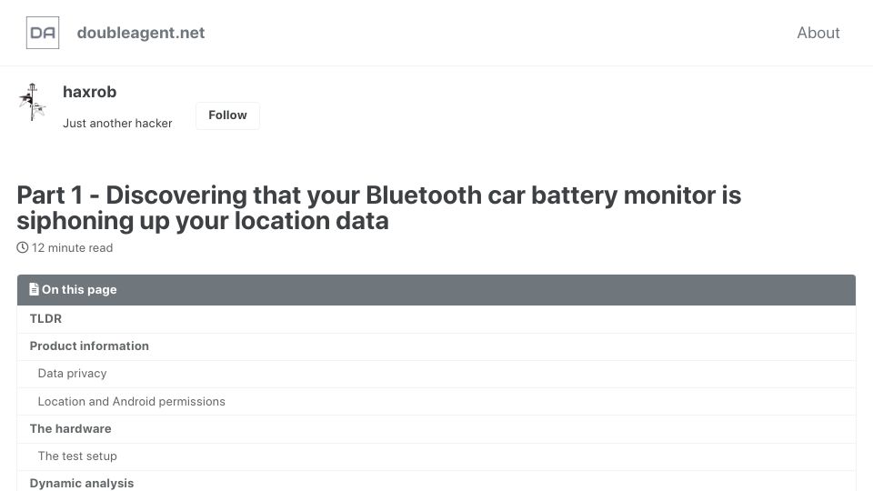 Screenshot of doubleagent.net: Discovering that a Bluetooth car battery monitor is siphoning location data