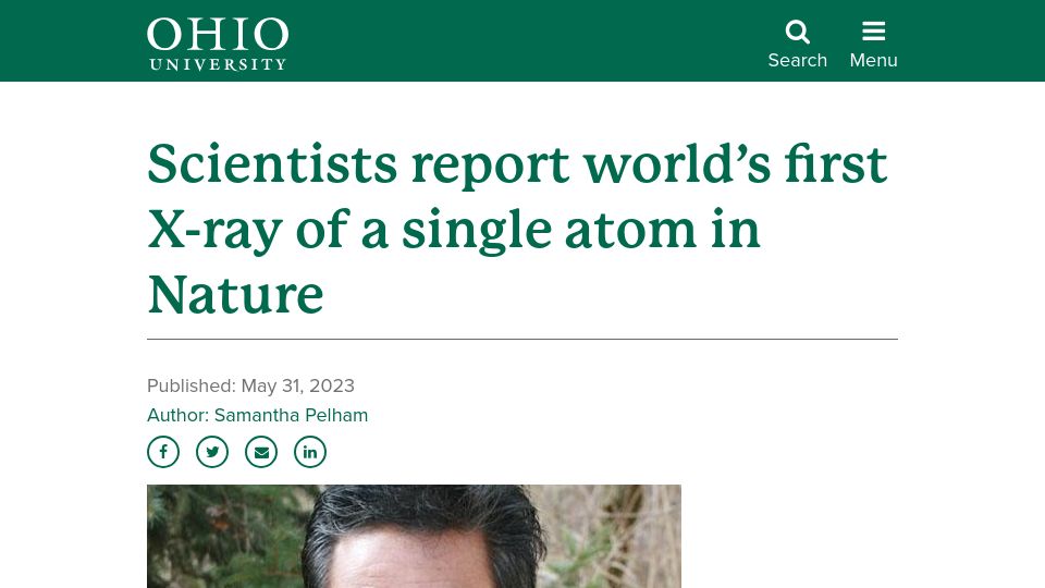 Screenshot of ohio.edu: Scientists report world’s first X-ray of a single atom in Nature