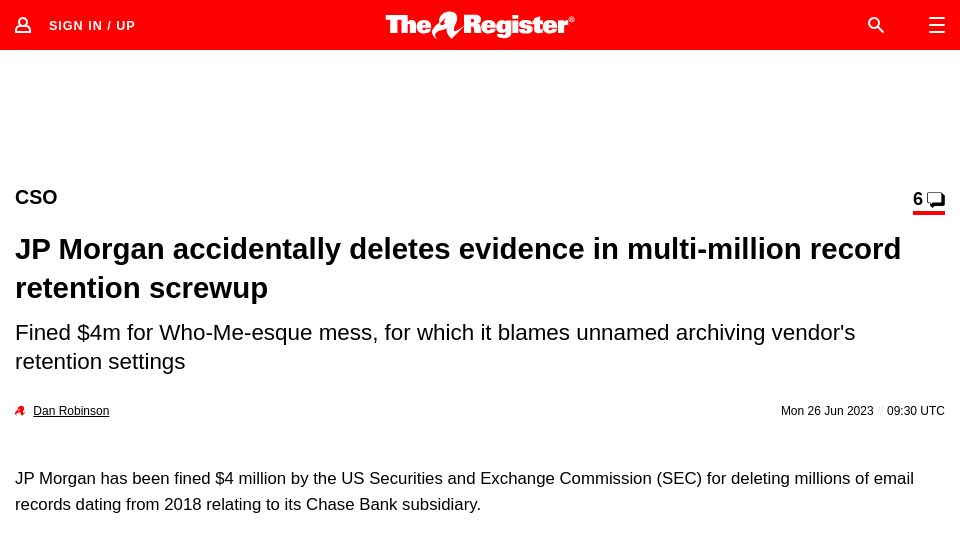 Screenshot of theregister.com: JP Morgan fined by SEC for deleting email records