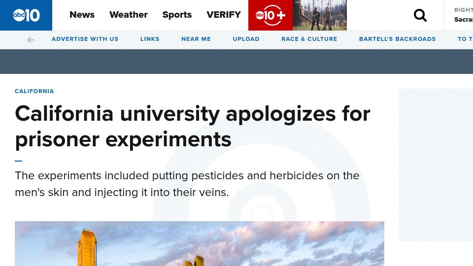 Screenshot of abc10.com: UC San Francisco apologizes for prisoner experiments