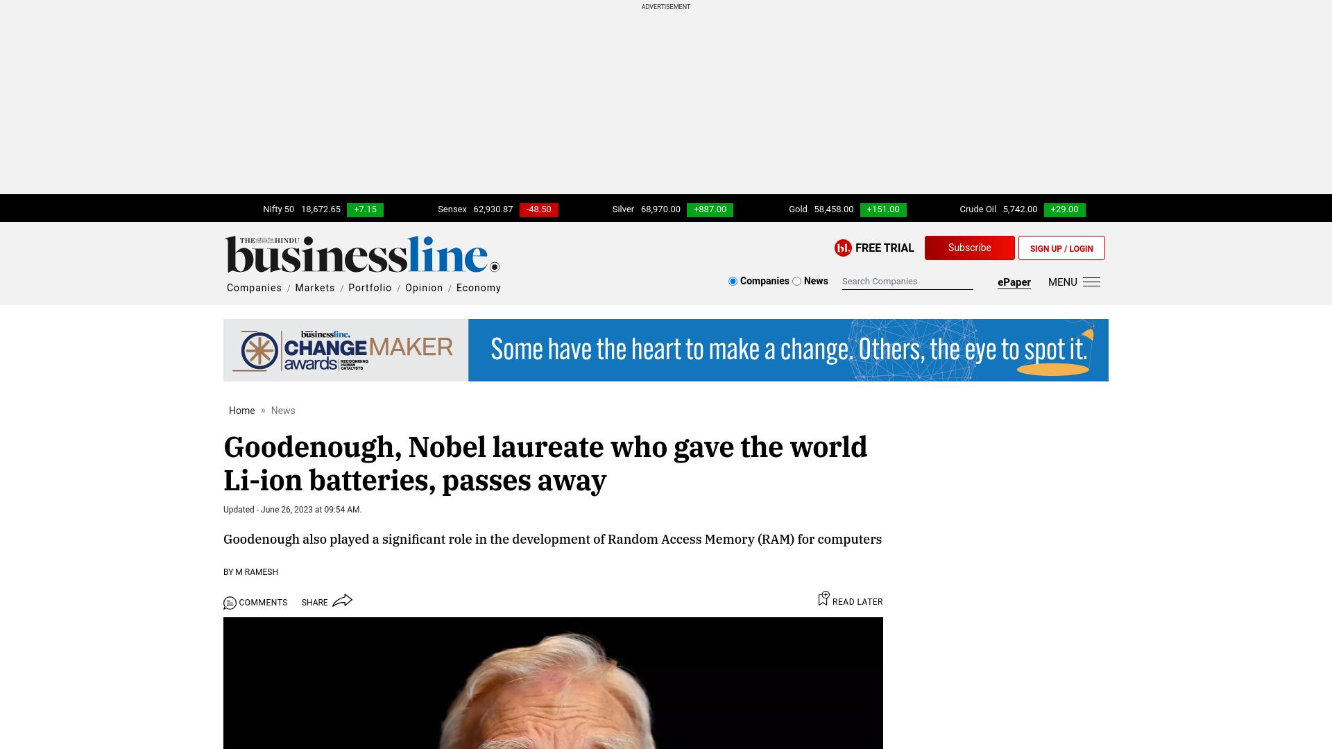 Screenshot of thehindubusinessline.com: John Goodenough has died