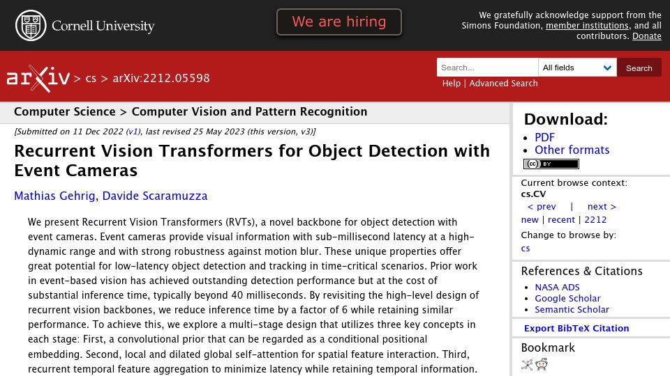 Screenshot of arxiv.org: Recurrent Vision Transformers for Object Detection with Event Cameras