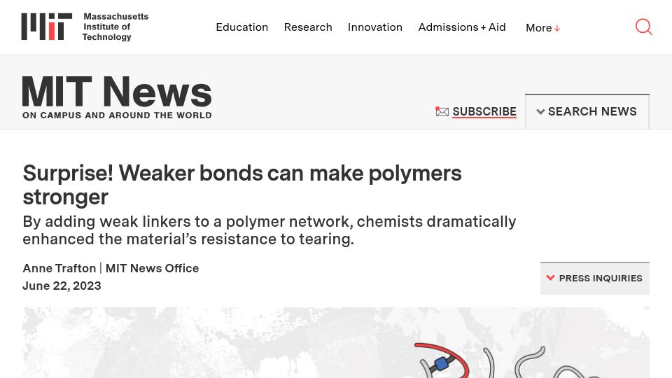 Screenshot of news.mit.edu: Weaker bonds can make polymers stronger