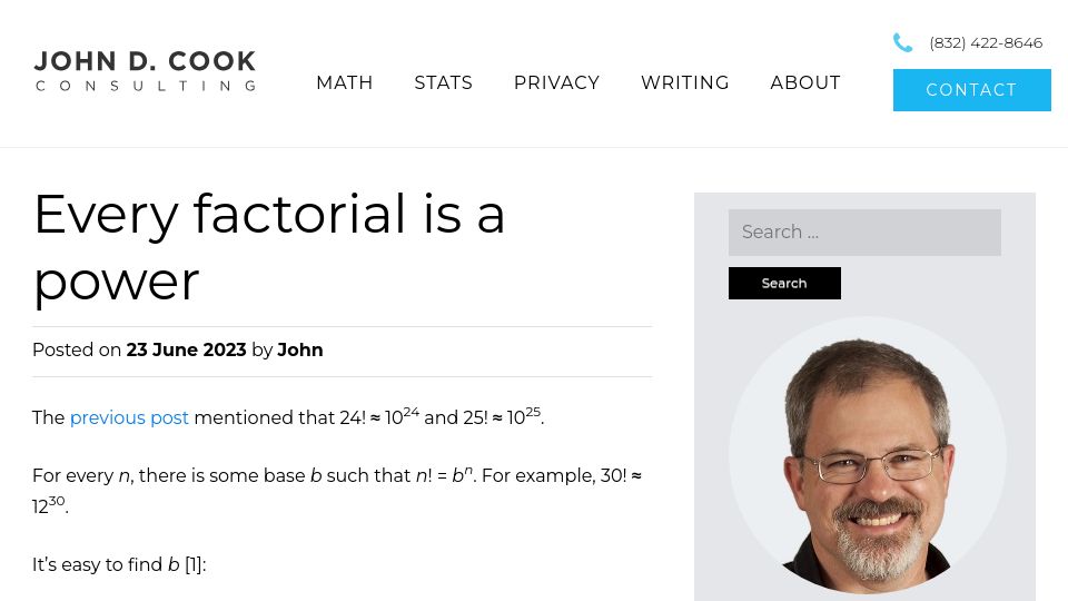 Screenshot of johndcook.com: Every factorial approximates a power