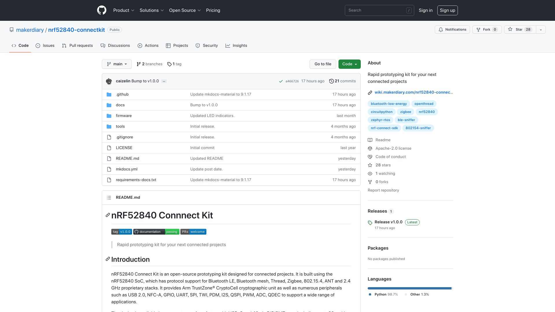 Screenshot of github.com: NRF52840 Connect Kit – Rapid prototyping kit for your next connected projects
