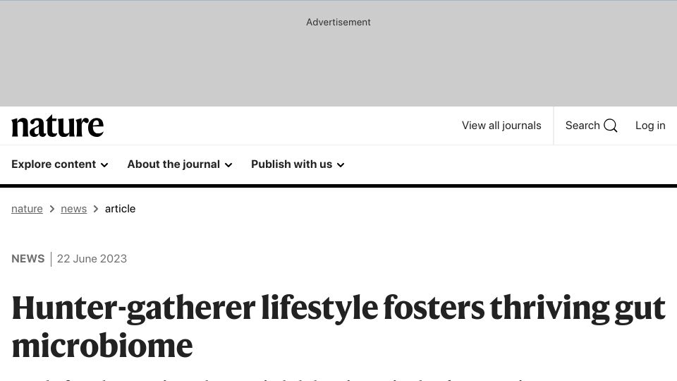 Screenshot of nature.com: Hunter-gatherer lifestyle fosters thriving gut microbiome
