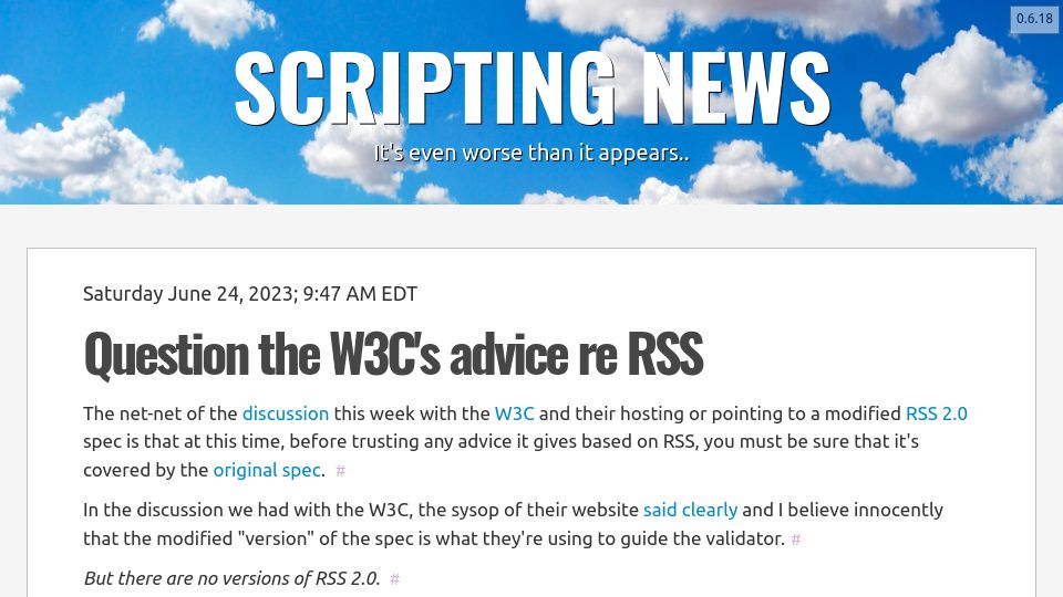 Screenshot of scripting.com: Question the W3C's advice re RSS
