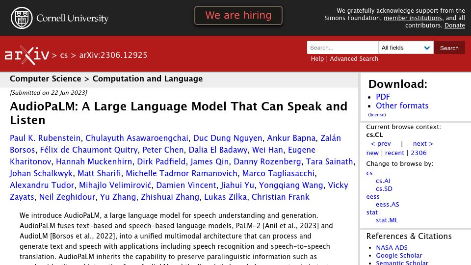 Screenshot of arxiv.org: AudioPaLM: A large language model that can speak and listen