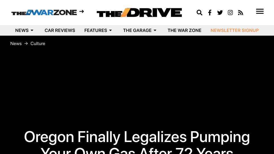 Screenshot of thedrive.com: Oregon finally legalizes pumping your own gas