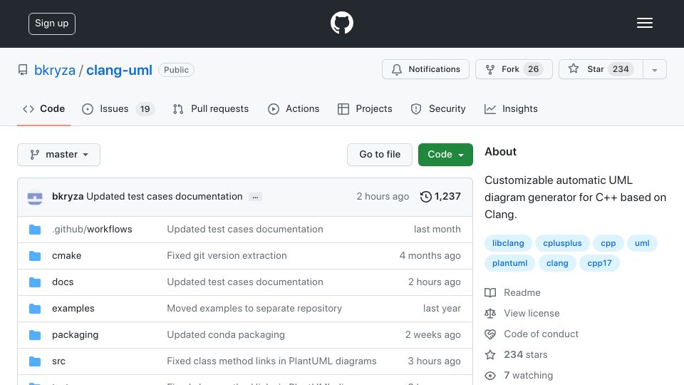 Screenshot of github.com: Show HN: Clang-uml – C++ to UML diagram generator based on Clang