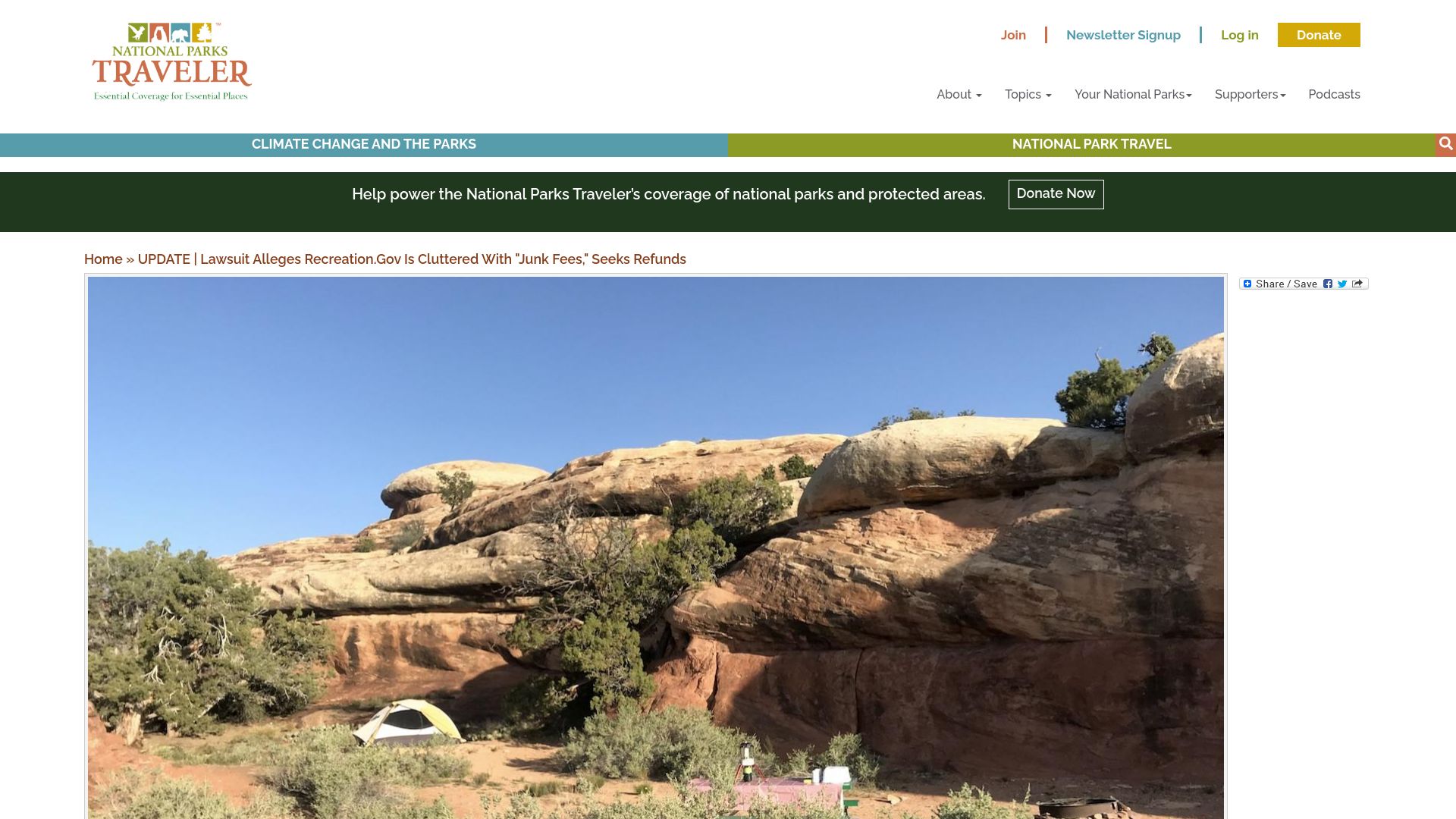 Screenshot of nationalparkstraveler.org: Suit Alleges Recreation.Gov Cluttered with Junk Fees, Seeks Millions in Refunds