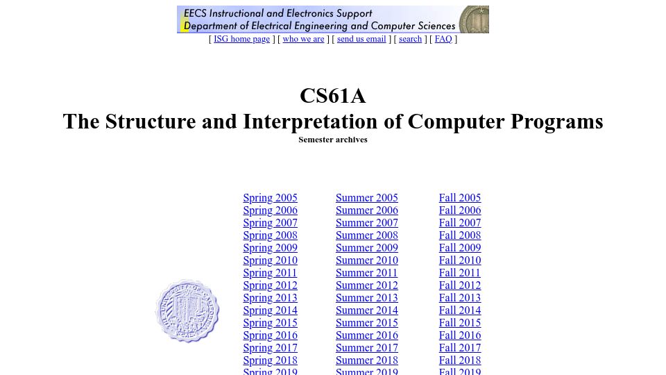 Screenshot of inst.eecs.berkeley.edu: CS61A: The Structure and Interpretation of Computer Programs