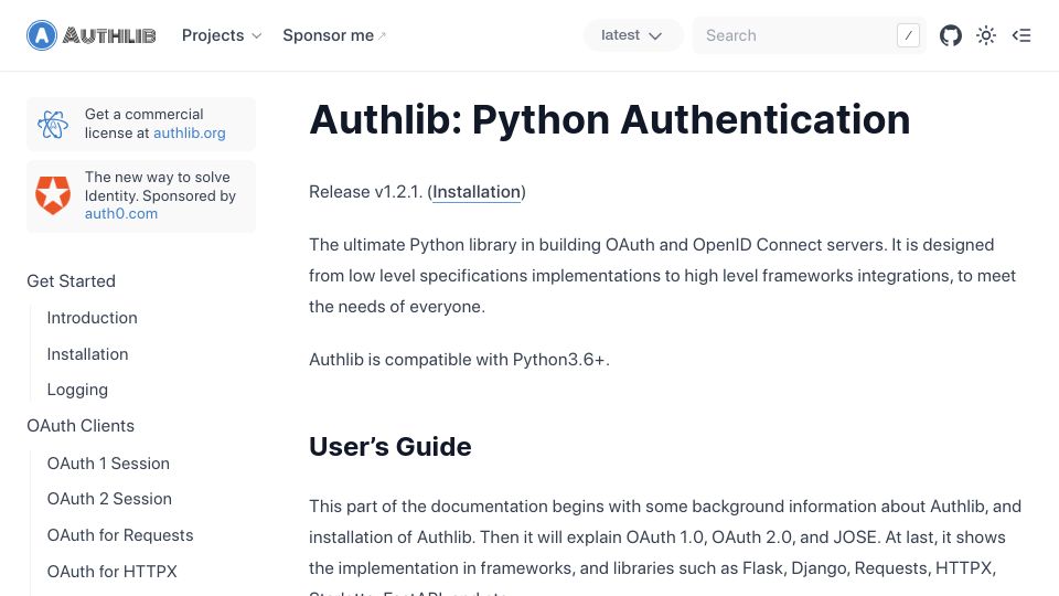 Screenshot of docs.authlib.org: Authlib: Python Authentication