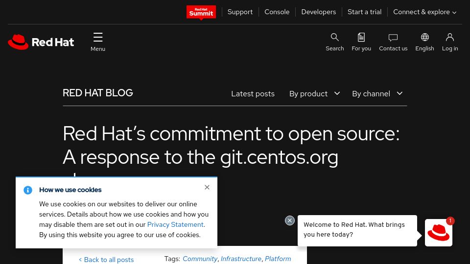 Screenshot of redhat.com: A response to the git.centos.org changes