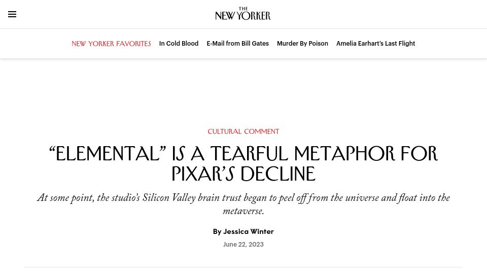 Screenshot of newyorker.com: “Elemental” Is a Tearful Metaphor for Pixar’s Decline