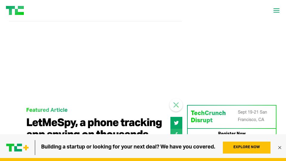 Screenshot of techcrunch.com: LetMeSpy, a stalkerware app spying on thousands, says it was hacked