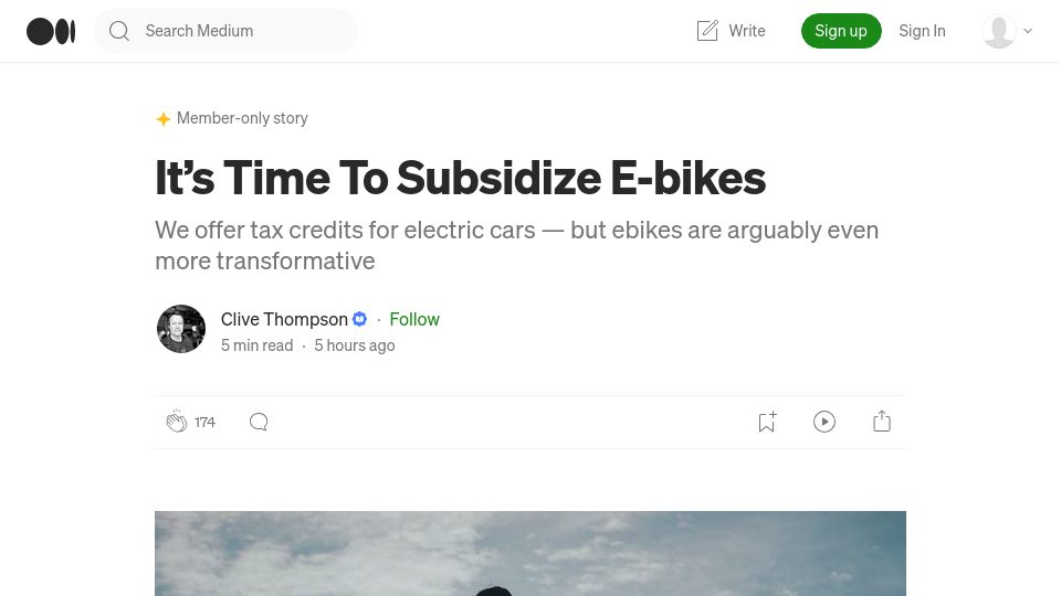 Screenshot of clivethompson.medium.com: Time to subsidize e-bikes?