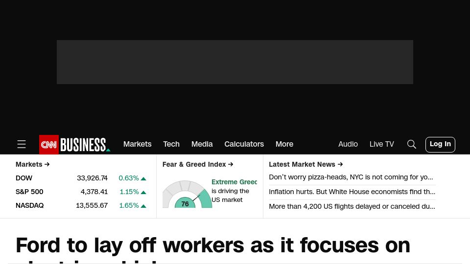Screenshot of cnn.com: Ford to lay off workers as it focuses on electric vehicles