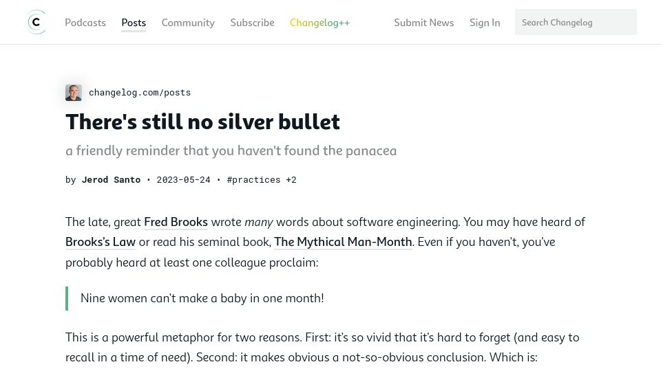 Screenshot of changelog.com: There's still no silver bullet