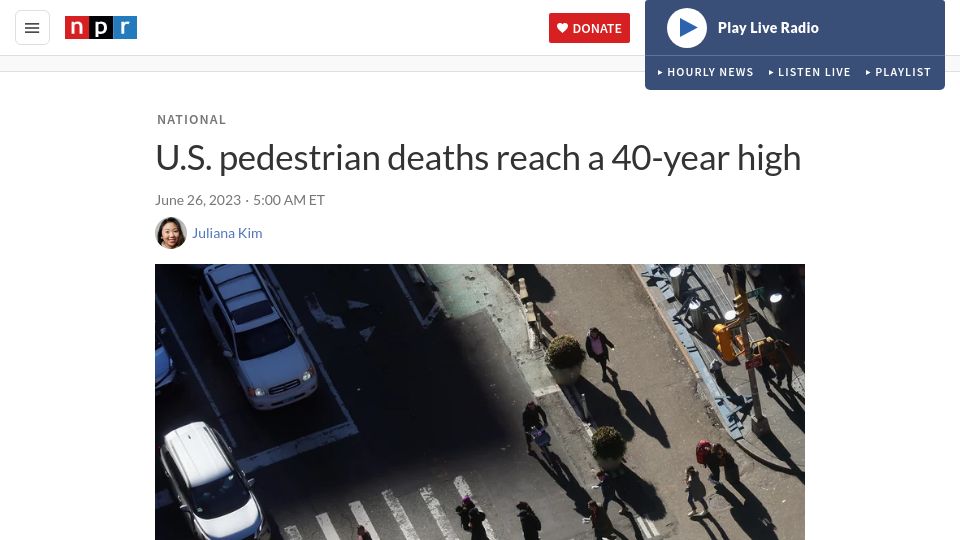 Screenshot of npr.org: U.S. pedestrian deaths reach a 40-year high