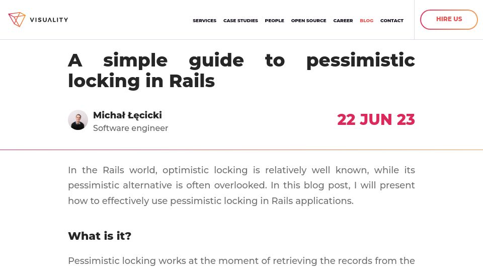 Screenshot of visuality.pl: A simple guide to pessimistic locking in Rails