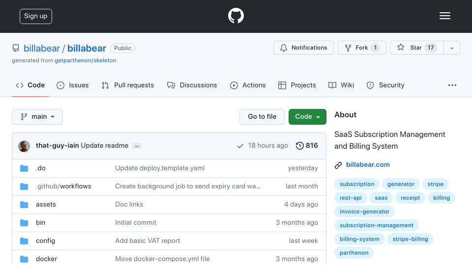 Screenshot of github.com: Show HN: BillaBear – Self-Hosted SaaS Subscription Management and Billing