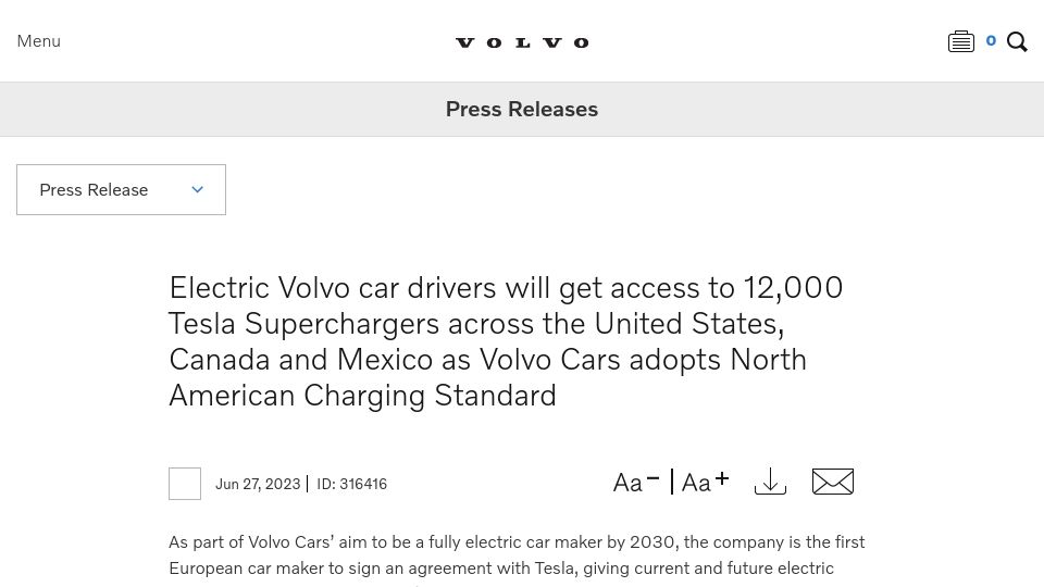 Screenshot of media.volvocars.com: Volvo Cars Adopts Tesla's NACS Port in the United States, Canada and Mexico