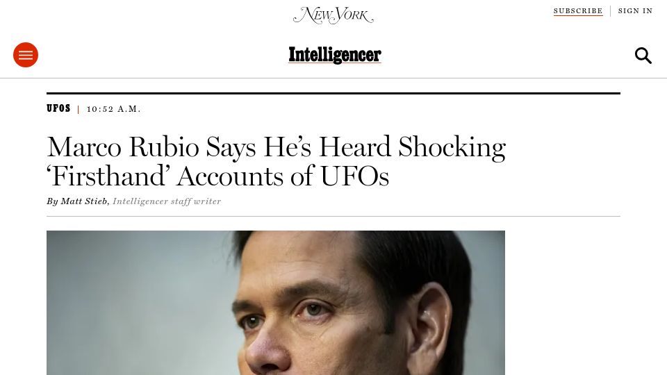 Screenshot of nymag.com: Rubio Says He’s Heard Shocking ‘Firsthand’ Accounts of UFOs