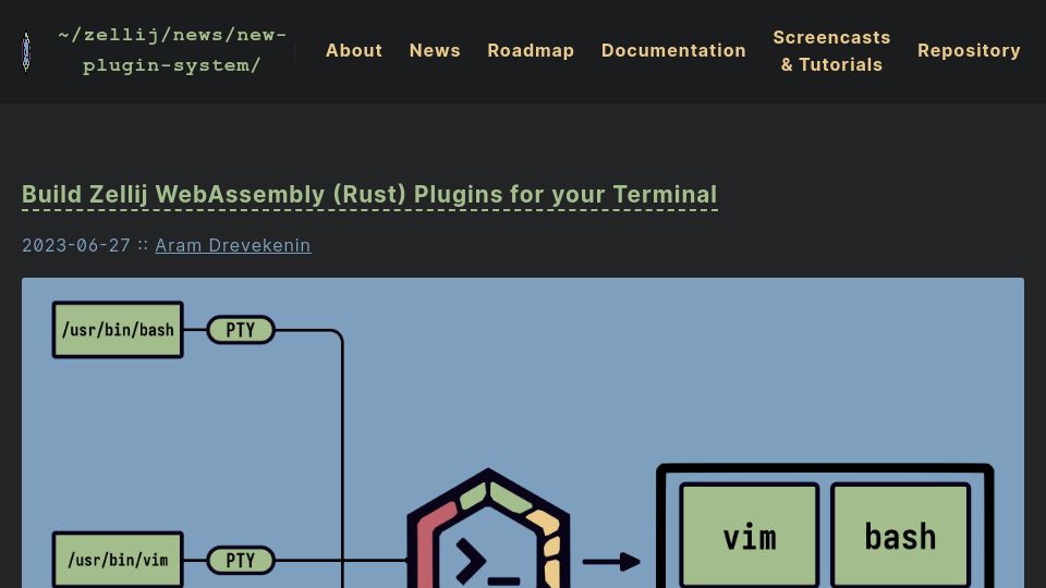 Screenshot of zellij.dev: Zellij New WASM Plugin System
