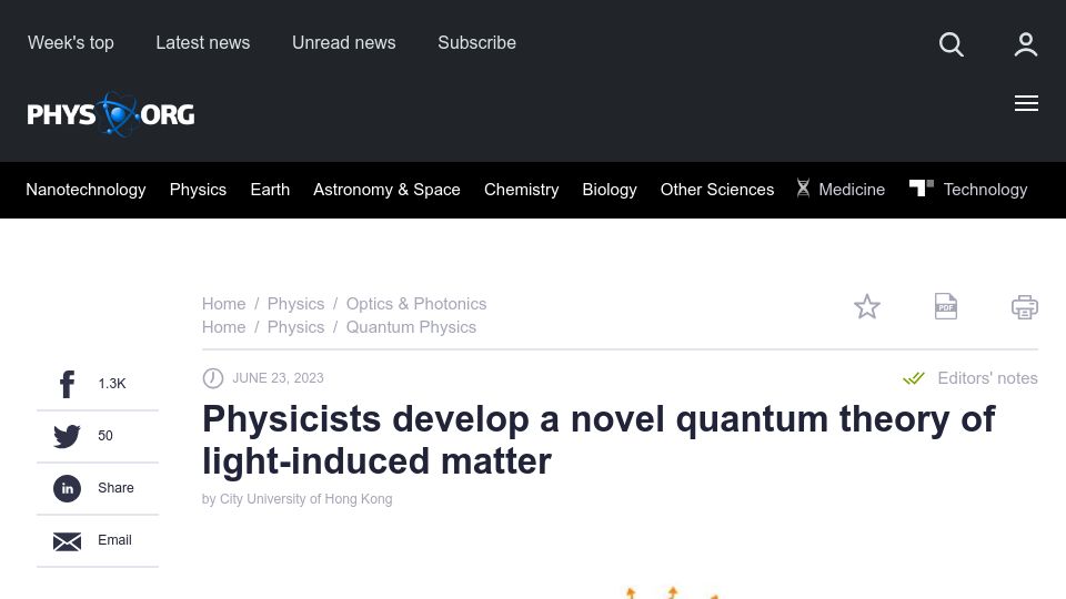 Screenshot of phys.org: Physicists develop a novel quantum theory of light-induced matter