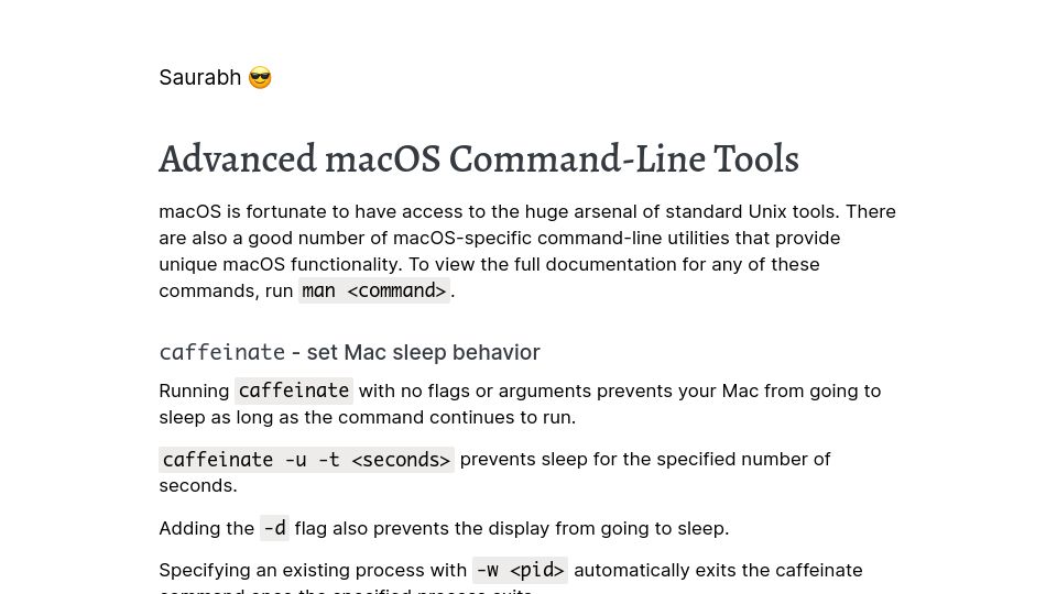 Screenshot of saurabhs.org: macOS command-line tools you might not know about