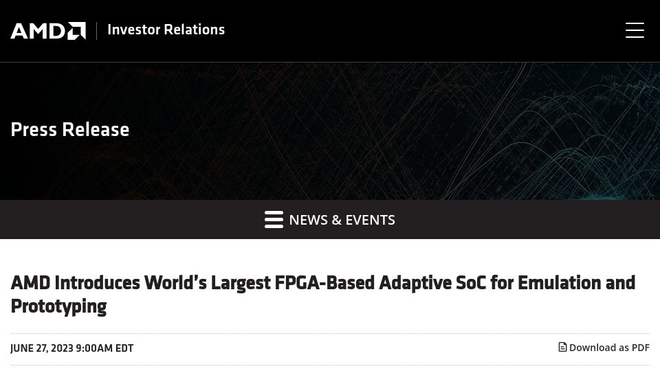 Screenshot of ir.amd.com: AMD Introduces World’s Largest FPGA-Based Adaptive SoC for Emulation