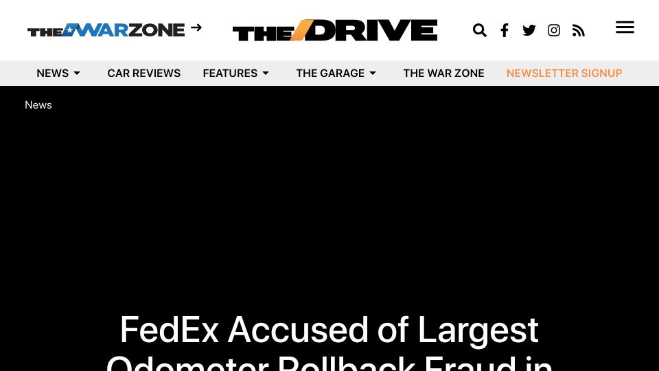 Screenshot of thedrive.com: FedEx Accused of Largest Odometer Rollback Fraud in History with Used Vans