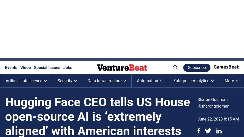 Screenshot of venturebeat.com: Open source AI is critical – Hugging Face CEO before US Congress