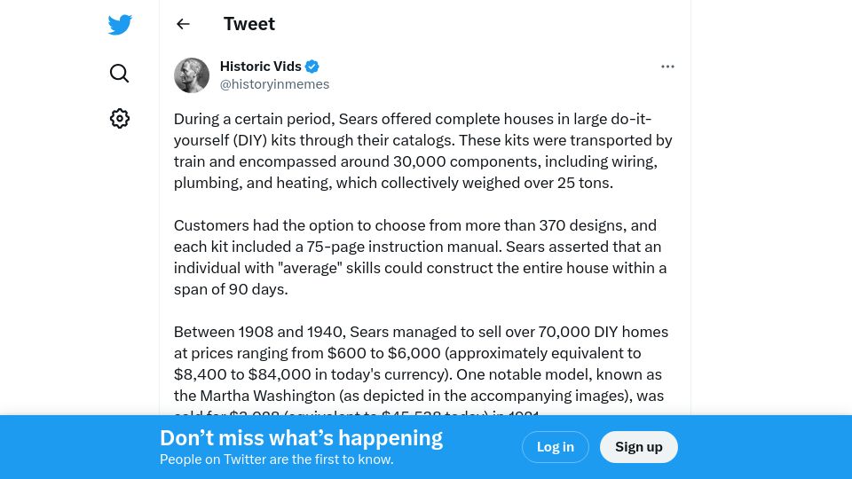 Screenshot of twitter.com: Sears offered complete houses in large DIY kits
