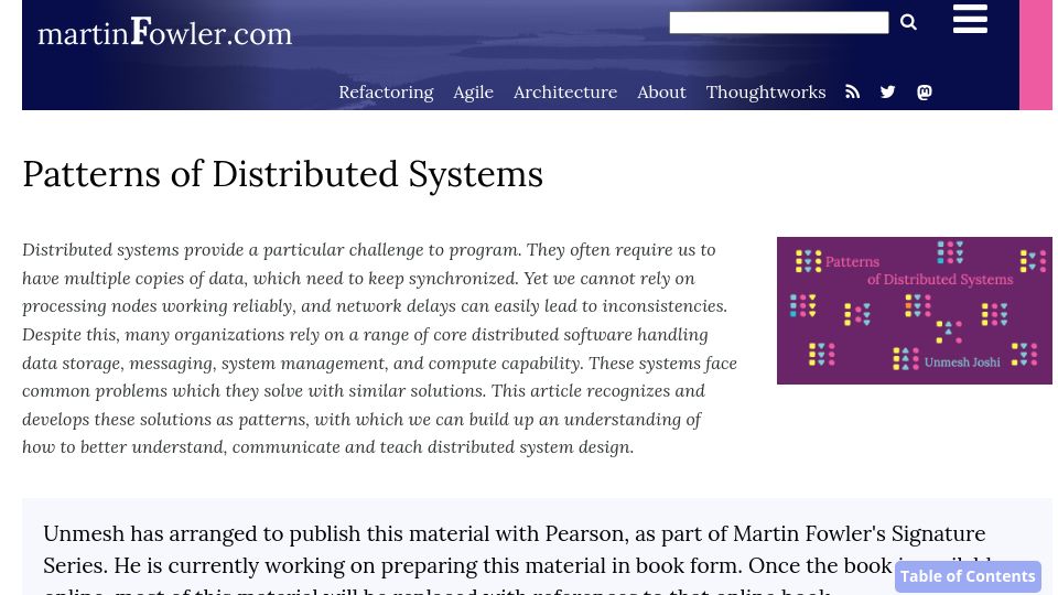 Screenshot of martinfowler.com: Patterns of Distributed Systems (2022)