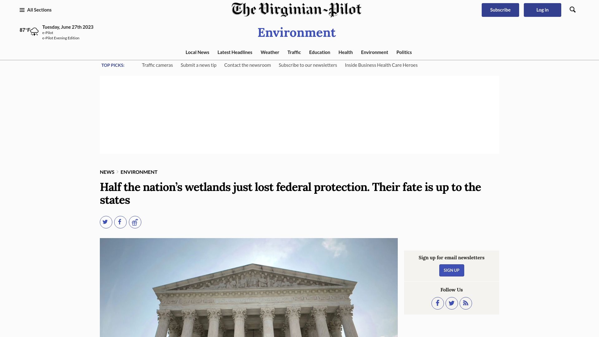 Screenshot of pilotonline.com: Half of US wetlands lost federal protection. Their fate is up to the states