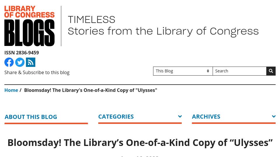 Screenshot of blogs.loc.gov: Bloomsday: The library’s one-of-a-kind copy of “Ulysses”